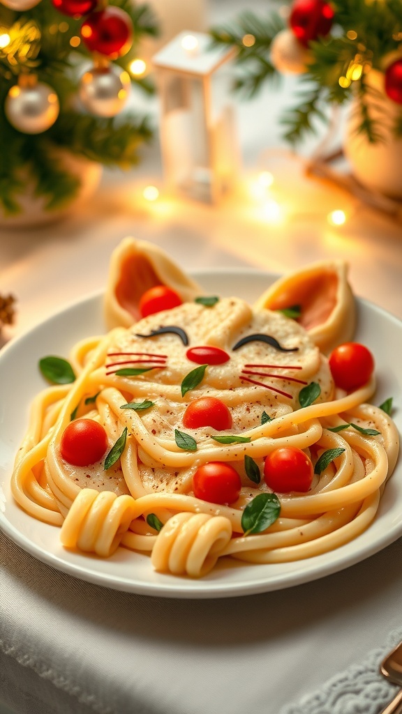 Festive Christmas Cat Pasta for 3 A playful cat-shaped pasta dish with cherry tomatoes and spinach, set on a festive Christmas table.